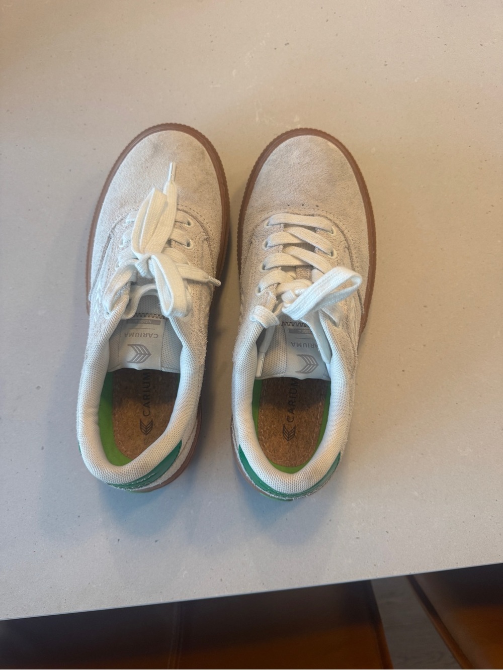 Cariuma Cream Suede Sneakers with Green Heel Trim